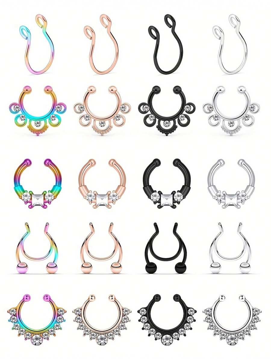 CIZME 5 piezas de anillos de aro de septo falso de Halloween de acero inoxidable, anillos de septo, labio y oreja falsos sin perforación, anillo de septo tipo pinza para el Body, joyería de piercing falsa, anillos de aro de septo falso, anillo de septo con CZ falso sin perforación tipo pinza para el Body