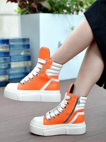 Women Orange High Top Sneakers Mixed Color Leather Sports Shoes Flat Platform Fashion Cowgirl Ankle Boots Casual Soft Comfortable Retro Flats - Orange White - View 4