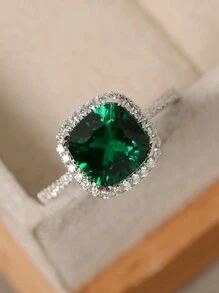 1pc Gorgeous Ring With Halo Design And Sparkling Green Rhinestones, Symbol Of Eternal Love And Promise Ring, Elegant Girl's Party Jewelry And Birthday Gift Valentines