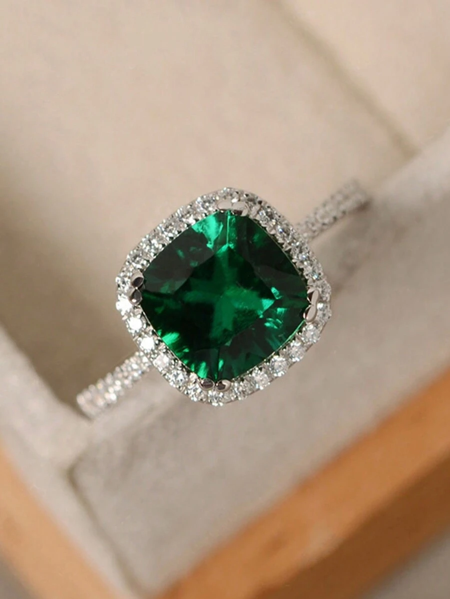 1pc Gorgeous Ring With Halo Design And Sparkling Green Rhinestones, Symbol Of Eternal Love And Promise Ring, Elegant Girl's Party Jewelry And Birthday Gift Valentines