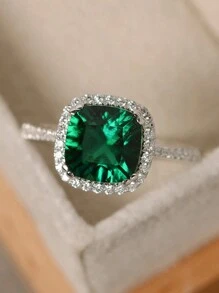 1pc Gorgeous Ring With Halo Design And Sparkling Green Rhinestones, Symbol Of Eternal Love And Promise Ring, Elegant Girl's Party Jewelry And Birthday Gift Valentines