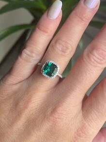 1pc Gorgeous Ring With Halo Design And Sparkling Green Rhinestones, Symbol Of Eternal Love And Promise Ring, Elegant Girl's Party Jewelry And Birthday Gift Valentines