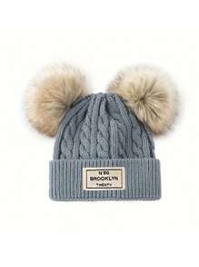 قبعة محبوكة ذات كرات صوفية مزدوجة بطبعة حرف بروكلين للنساء، قبعة شتوية دافئة للخارج