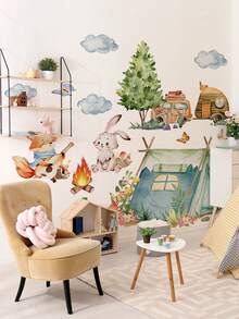 2pcs/Set Cartoon Animal Bonfire Party Tent Backdrop Wall Sticker For Children's Room Or Kindergarten Self-Adhesive Wall Decor Vinyl Decal,For Bedroom Decor,Room Decor Items,For Halloween Decor,Fall Decor,Classroom Decorations,Removable Sticker - Multicolor - View 5