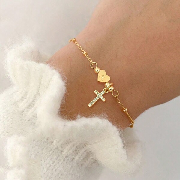 1 pieza Nuevo brazalete de cadena de acero inoxidable con cuentas de color dorado, con un dije de cruz con corazón y circonita engastada, para mujeres, para San Valentín, Mamá, Madre, Día de la Madre, regalo