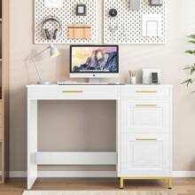 43" Computer Desk With Drawers, Small White Writing Desk For Home Office Bedroom, Modern Compact Desk With Gold Handles,  White/ Black - 白色 - 查看 5