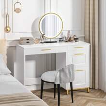 43" Computer Desk With Drawers, Small White Writing Desk For Home Office Bedroom, Modern Compact Desk With Gold Handles,  White/ Black - 白色 - 查看 6