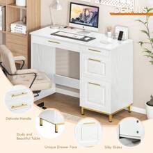 43" Computer Desk With Drawers, Small White Writing Desk For Home Office Bedroom, Modern Compact Desk With Gold Handles,  White/ Black - 白色 - 查看 3
