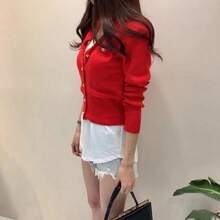 Tops de punto para mujer talla única , blusas manga larga de dama elegantes casuales, blusas tops de mujer de moda slim, chaqueta casual de punto con botonadura sencilla, Adecuado para mujeres que pesen entre 40 kg - 60 kg - Rojo - Ver 3