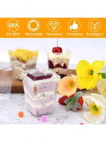 50pcs con tapa y cuchara 150ml copas de postre redondas de plástico copas de postre para aperitivos copas de helado copas de mousse copas de pudín - Blanco - Ver 4