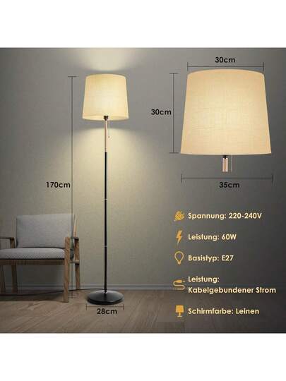 Vloer Lamp Linen Lampshade, E27 Base, Max. 60W, Living Room Lamp, Fabric Shade 170cm Height Room, Bedroom, Study, Office, out Bulb view 7