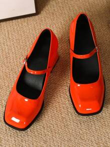 Women's Plus Size High Heel Mary Jane Shoes, Simple Leather Shoe With Thin Heel And Pointed Toe, Vintage Sparkling Metal Black Mirror Material, College Style, Gorgeous High Heel Mary Jane Shoes - Orange - View 3