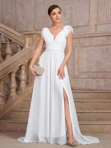 Vestido elegante y lujoso de fiesta, cóctel, boda o graduación para dama, color blanco, de ajuste ceñido, con abertura lateral en el bajo, con detalles en parches de material suave y esponjoso, para cumpleaños, graduación, cena, regreso a casa