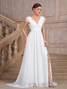 Vestido elegante y lujoso de fiesta, cóctel, boda o graduación para dama, color blanco, de ajuste ceñido, con abertura lateral en el bajo, con detalles en parches de material suave y esponjoso, para cumpleaños, graduación, cena, regreso a casa