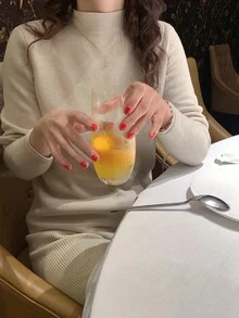 女式休闲简约厚款保暖内衬高领针织打底衫，秋冬 - 米色 - 查看 4