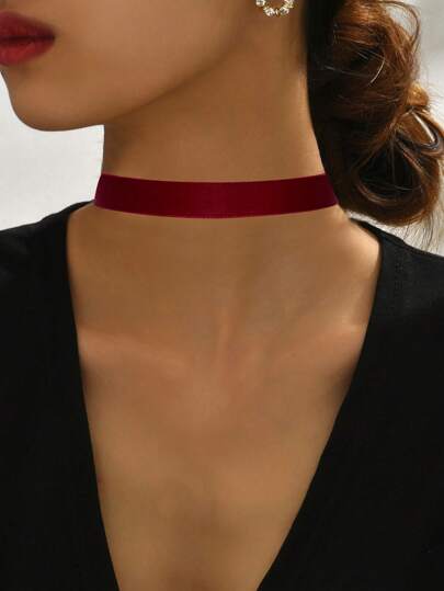 1pc Red Velvet Fabric Summer Narrow Collar Simple Choker Necklace Decoration For Women