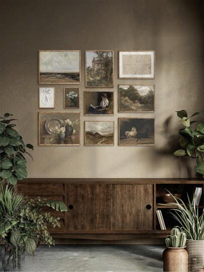 10 件复古帆布艺术印刷品马匹墙画田野道路和森林海报绿色清新鸟画花叶城堡墙艺术北欧海报卧室装饰客厅墙壁装饰无框