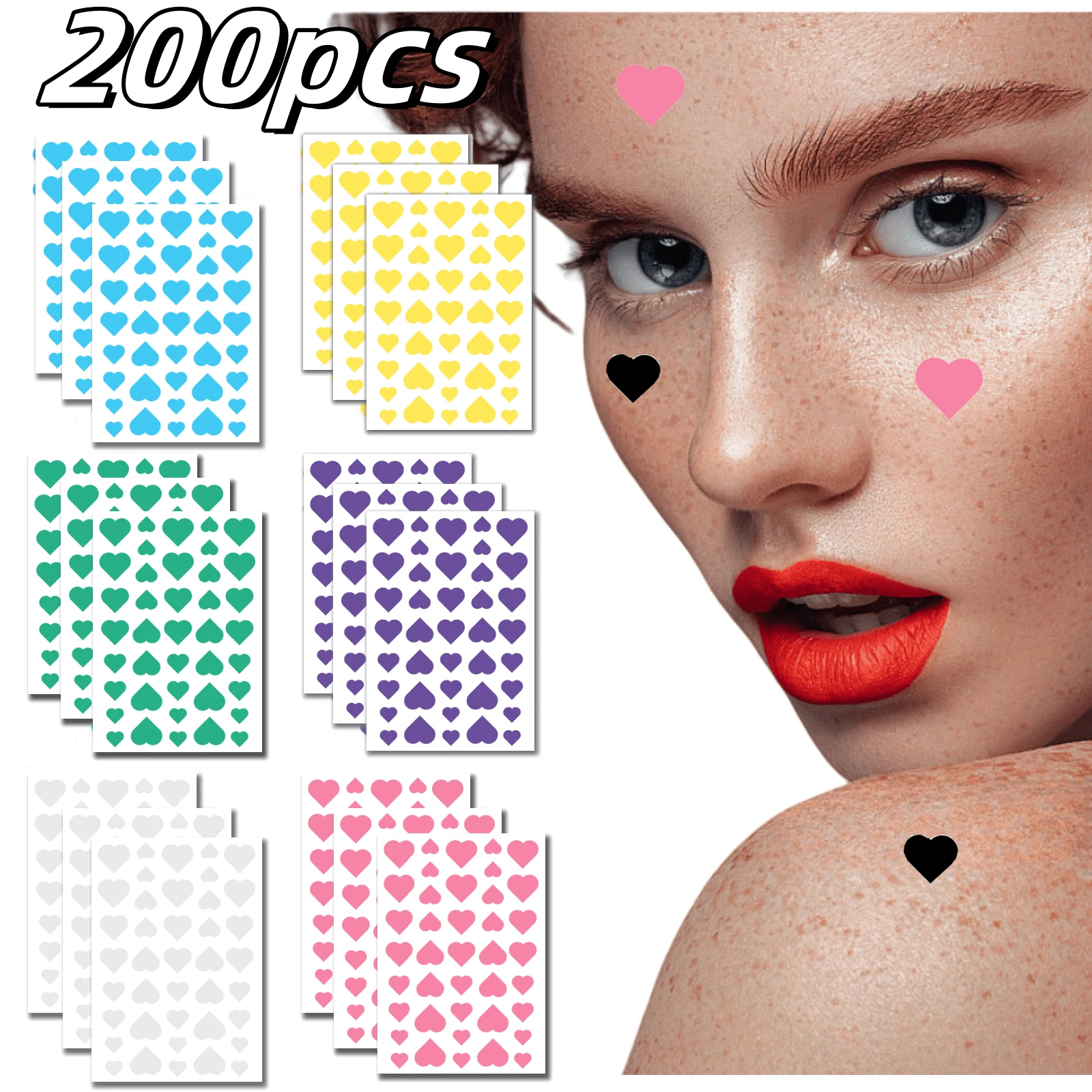 200 件/套 5 张可爱心形脸装饰贴纸，适合节日派对 - 彩色 - 查看 1
