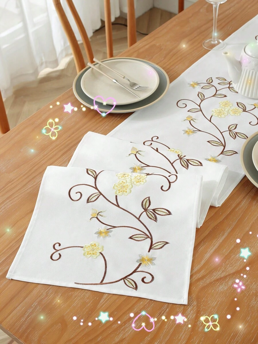 Rural Style Colorful Embroidered Satin Cloth Table Runner, For Dining Table, Kitchen Table, Desk, Coffee Table, Dresser, Cabinet, Shoe Cabinet, Chest Of Drawers, Prevent Dust And Decorate, With Exquisite Small Flower Embroidery. Also Suitable For Home Decoration, Kitchen, Living Room, Bedroom, Courtyard, Indoor And Outdoor Furniture, Camping, Villa, Festivals, Parties, Weddings. Size: 1PC,Halloween Decor,Home Decor - Yellow - View 1