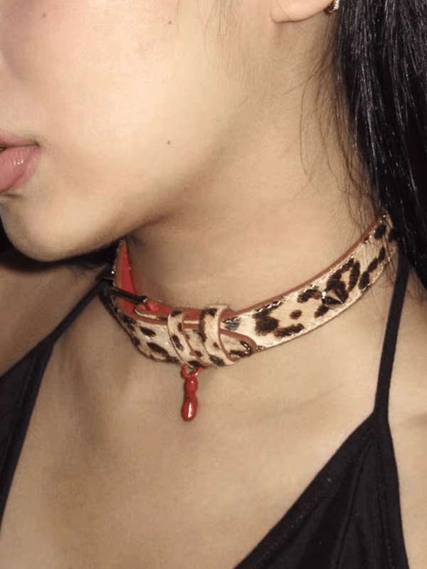 1pc Leopard Print Horse Hair Red Balloon Puppy Collar, Adjustable Versatile Choker, Design Niche, Personality Hot Girl Y2k Choker