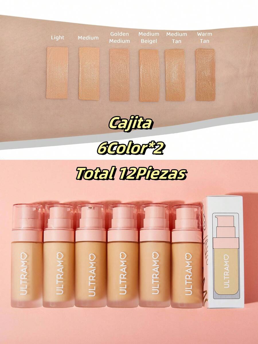 ULTRAMO Cajita 12Piezas Base de Maquillaje V2280 Fundación Líquida Ligera E Impecable,A Prueba De Agua, De Cobertura Total Sin Poros, Control De Aceite, Resistente Al Sudor, De Acabado Mate Duradero Y Transpirable Protección solar SPF15 PA++ - Cajita-6Color*2-Total 12Piezas - Ver 1