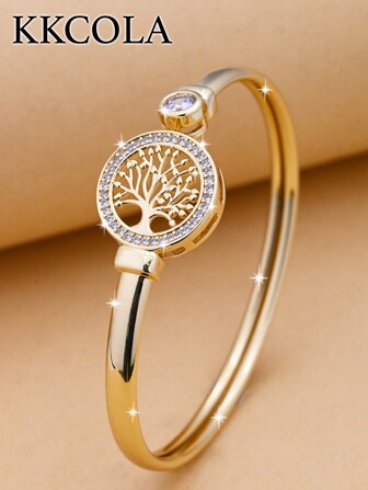 KKCOLA 1pc Fashion Copper Cubic Zirconia Decor Tree Detail Cuff Bangle For Women For Daily Life Copper Jewelry