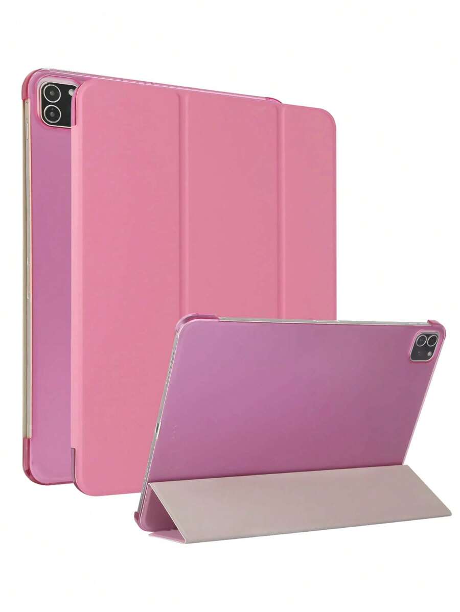 粉色三折保護硬殼保護套，適用於 iPad Mini1/2/3/Mini4/Mini5/Mini6/Mini7/9.7/10.2/10.5/Air10.9/Pro11/10th Gen/Air 11-In.(M2)-2024/Air 11-Inch (M3) 2025/(A16) 11 Inch 11th Generation 2025 機型，PC 硬殼，部分機型未完全覆蓋，實體三角支架，非磁吸支架，僅保護功能，超薄便攜，無筆槽，硬塑膠材質，可能存在輕微色差