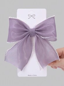 1 件女童粉白色蝴蝶结发夹，带珍珠边缘的优雅蕾丝蝴蝶结发夹，女童节日婚礼派对日常带尾巴的鳄鱼夹，儿童发饰（产品不含卡片）