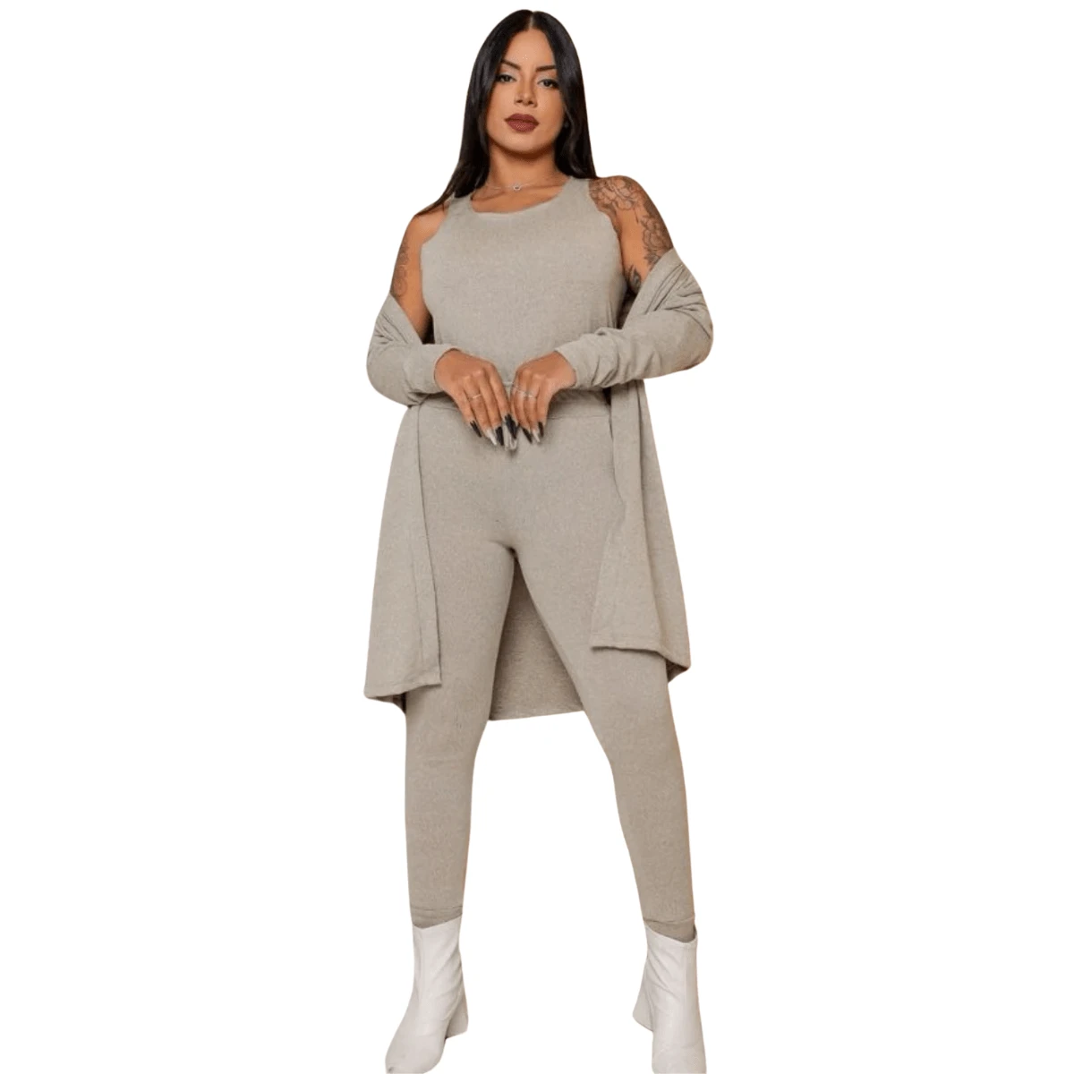 Lanzinha Women's Cold Set (3) Pieces, Tank Top, Pants And Cardigan - Beige - View 1