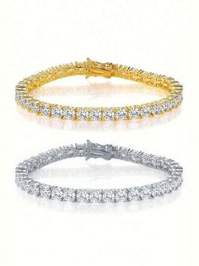 1 件经典简约运动网球 3 毫米/4 毫米方晶锆石镀铜金手链，6.5-8 英寸，男女通用，非常适合日常服装和派对配饰，节日礼物