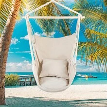 Hammock Chair Macrame Swing,Distinctive Cotton Canvas Hanging Rope Chair With Pillows For Indoor And Outdoor Use - White - View 4