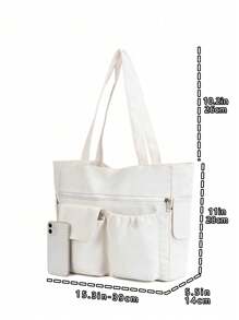 Simple And Lightweight Solid Color Tote Bag With Multiple Pockets And Large Capacity, Fits Laptops,Preppy Book Bag For Book Week, Large School Tote Bag, Multiple Compartments, Perfect For Beach, School, Work & Daily Use, Literary School Bag & Book Bag For Women Or Students, Perfect For Books, Shopping, Back To School And More