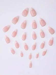 24 Pcs Short Almond-Shaped Nail Coffin Full Cover Nude Pink Ombre French False Nails With Adhesive Tabs & 1 Jelly Gel, Suitable For Daily Wear Press On Nails