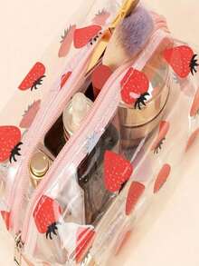 1 件时尚透明 PVC 网状拉链化妆包 - 便携式拉链旅行收纳袋，适合日常或旅行使用（学校） - 紅色 - 查看 5