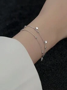 万圣节礼物夏季S925银饰女士饰品小星星双层手链女韩国轻奢小众百搭星星圆珠手链手饰 - 銀色 - 查看 2