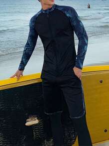 3pcs/Set Exotic Scenery Rash Guard Swimsuit, Boyfriend Style Men Quick Dry Sports Swimming Outfit With Long Sleeve Shirt, Sports Pants And Beach Shorts With Pockets - Royal Blue - View 1