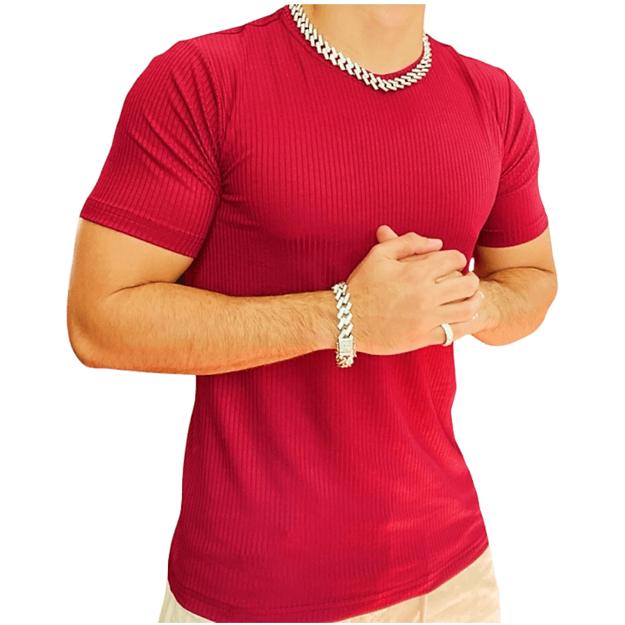 Camiseta Masculina Básica Manga Curta malha Canelada - bordô - Visão 1