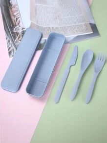 Juego de utensilios de camping 3 en 1, juego reutilizable de utensilios con estuche, juego de utensilios portátiles, estuche de plástico amigable para viajes, picnic, camping o uso diario, ¡perfecto para estudiantes, viajes y uso en la cocina! - Azul - Ver 7