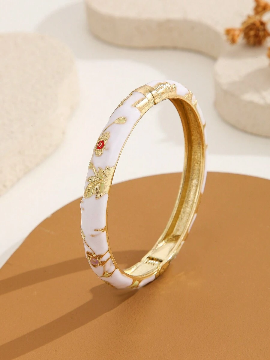 1 件时尚镀金白色花朵图案珐琅景泰蓝手链手镯首饰适合女孩和女士 - 白色 - 查看 1