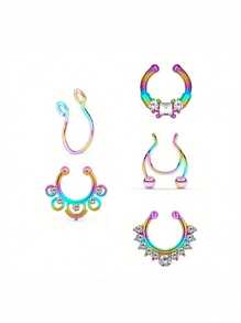 CIZME 5 piezas de anillos de aro de septo falso de Halloween de acero inoxidable, anillos de septo, labio y oreja falsos sin perforación, anillo de septo tipo pinza para el Body, joyería de piercing falsa, anillos de aro de septo falso, anillo de septo con CZ falso sin perforación tipo pinza para el Body
