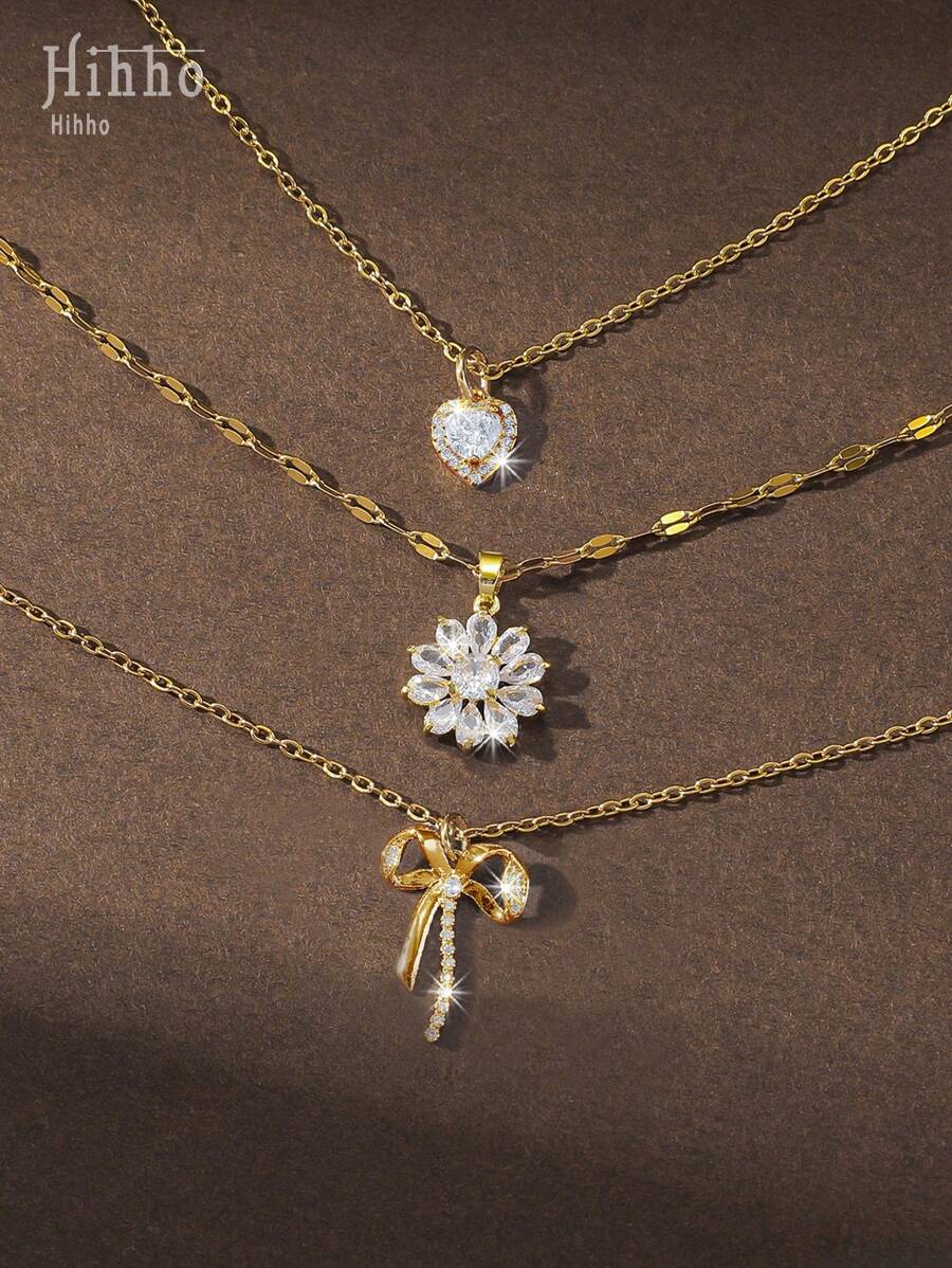 Hihho 3 件套优雅项链套装，镶嵌有 CZ 心形、花朵、蝴蝶吊坠，适合女性，奢华珠宝礼物