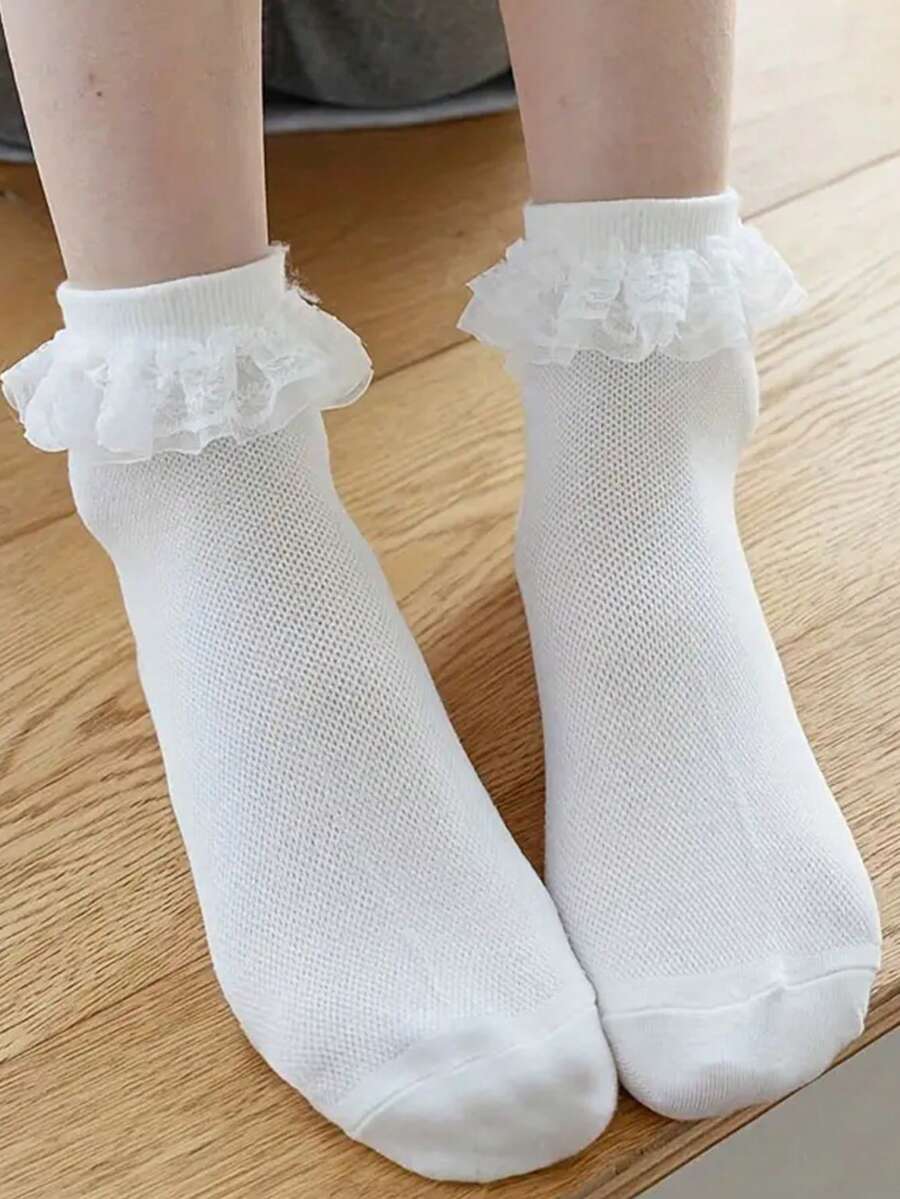 1對女式中筒襪，春夏透氣、舒適、甜美，帶蕾絲邊、可愛、清新、藝術風格 - 彩色 - 查看 1