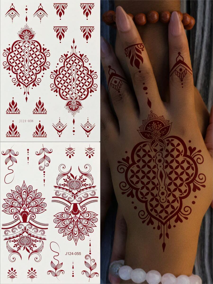 2pcs Brown Flower Henna Tattoo Sticker Flora Waterproof Temporary Tattoo Sticker Mehndi Design Hand Body Art Makeup Fake Tattoo
