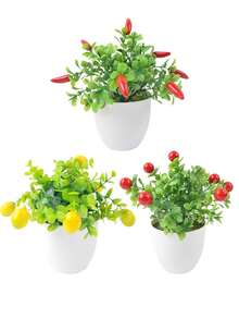 3入組綠色人造尤加利盆栽，假檸檬果紅莓辣椒盆栽小型仿真植物，適用於農舍辦公桌、浴室、家居裝飾 - 3PCS盆栽 - 查看 2