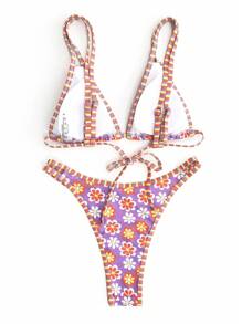 New Arrival Ditsy Floral Double-Strap Backless Tie-Up Bikini Set, Cute And Stylish For Women's Summer Beach Vacation Swimwear