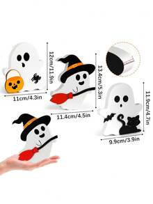 3 Pcs Cute Ghost Halloween Decorations For Indoors, Wooden Tiered Tray Decor Table Sign, Black Cat, Bat,  Broom Signs, Pumpkin Blocks For Party Home Shelf Display