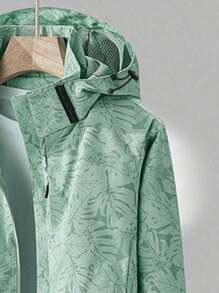 女士熱帶印花帽兜外套超大衣，戶外夾克 - 綠色 - 查看 4