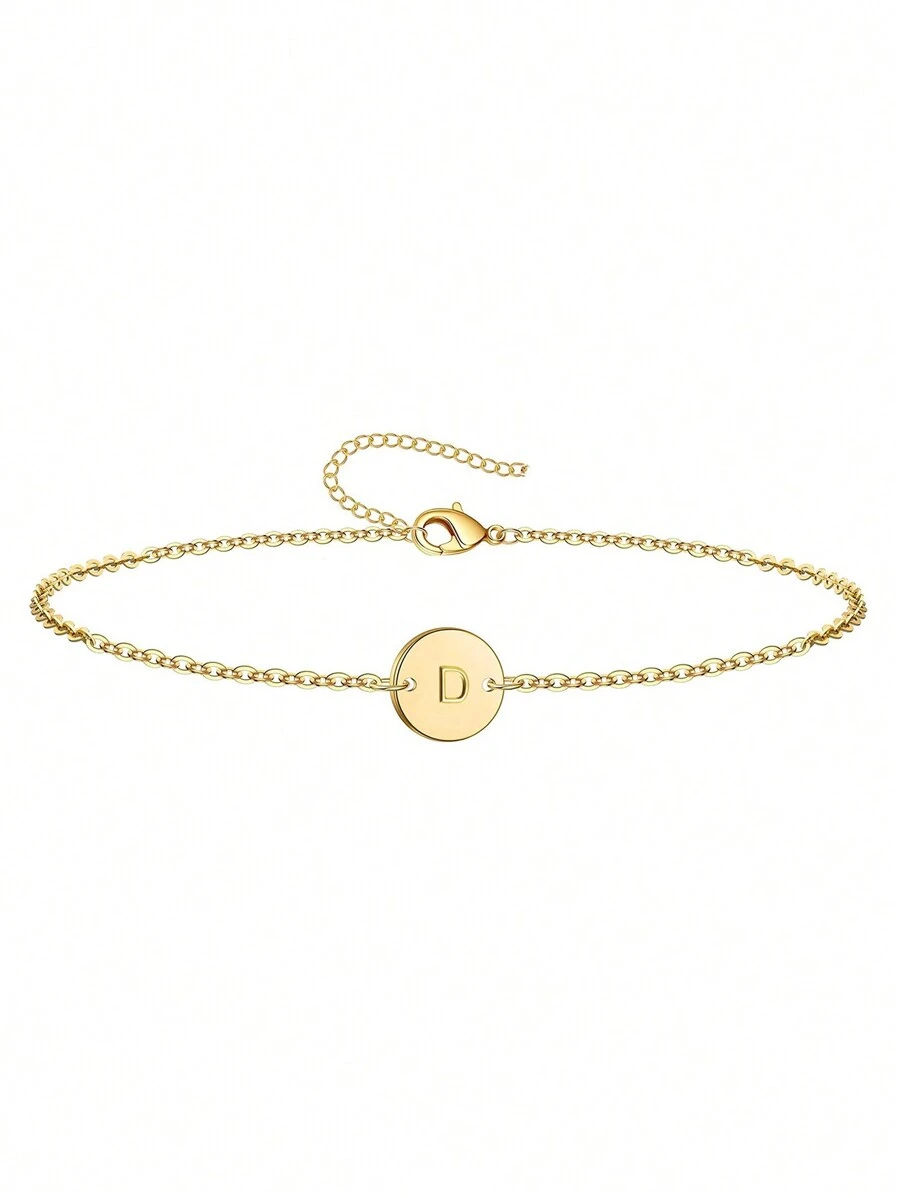 1 Stück minimalistisches Armband mit dünnem Kettchen, rundem Plättchen und 26 Buchstaben des Alphabets, geeignet für den täglichen Gebrauch von Frauen - Gold - Übersicht 1