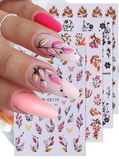 4入組秋季楓葉美甲貼紙，自粘式美甲貼花漸變葉子花藤典雅設計美甲裝飾DIY美甲工具