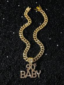 1pc 13mm Fully Encrusted Hip Hop Style Chain English Letter 90 BABY Pendant Necklace, Boyfriend Personalized Gift English Letter Pendant Necklace - Style a - View 8